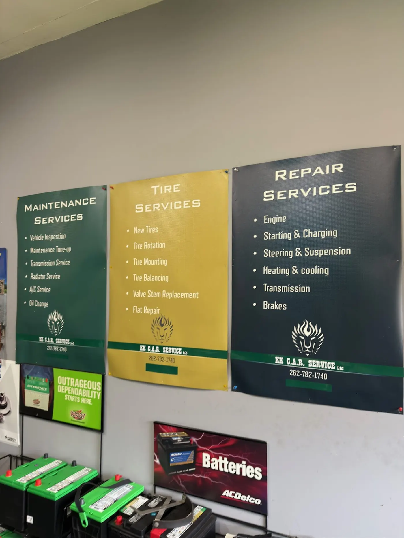 The KK service menu boards: maintenance, tire and repair services